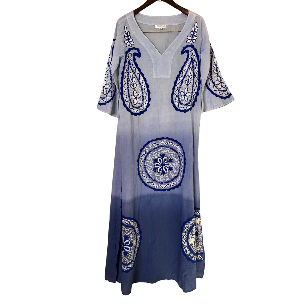 Debbie Katz South Beach Blue Ombre Embroidered Cotton Maxi Dress Womens‎ Medium